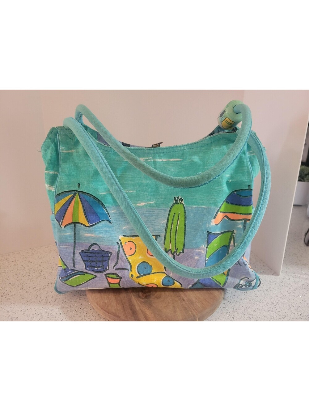 Sally Huss Beach Tote Bag Womens Large Turquoise Canvas Zippered Inside Pouch
